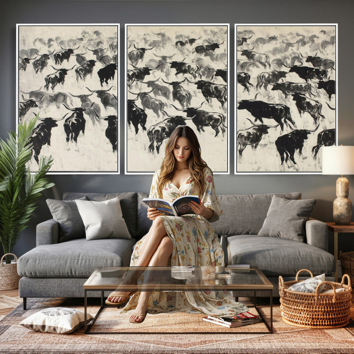 Longhorn Cattle Canvas Wall Art, Black White Stampede Ink