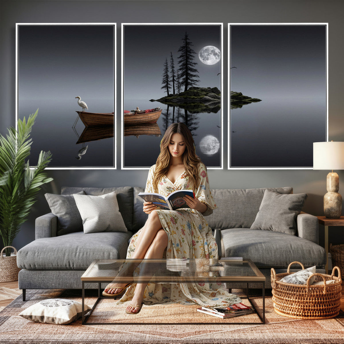 Moonlit Lake Canvas Wall Art, Dreamy Boat Heron Full Moon