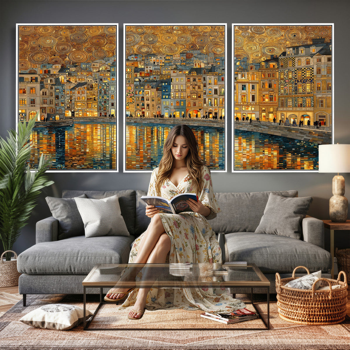 Gustav Klimt Golden Cityscape Wall Art Canvas Print, Framed