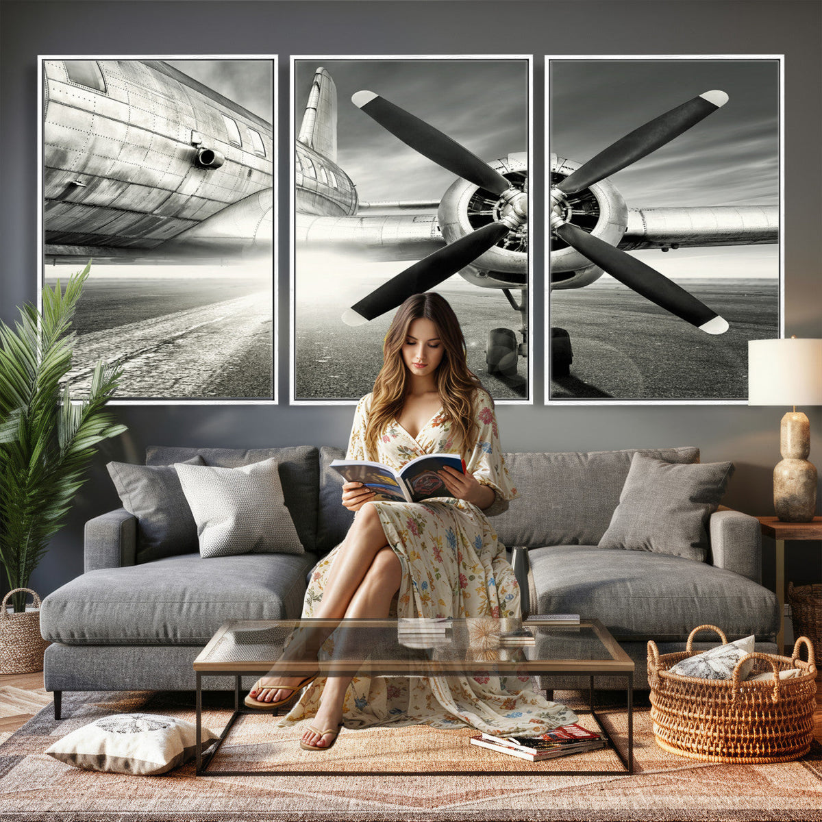 Vintage Airplane Wall Art Canvas Print, Black and White