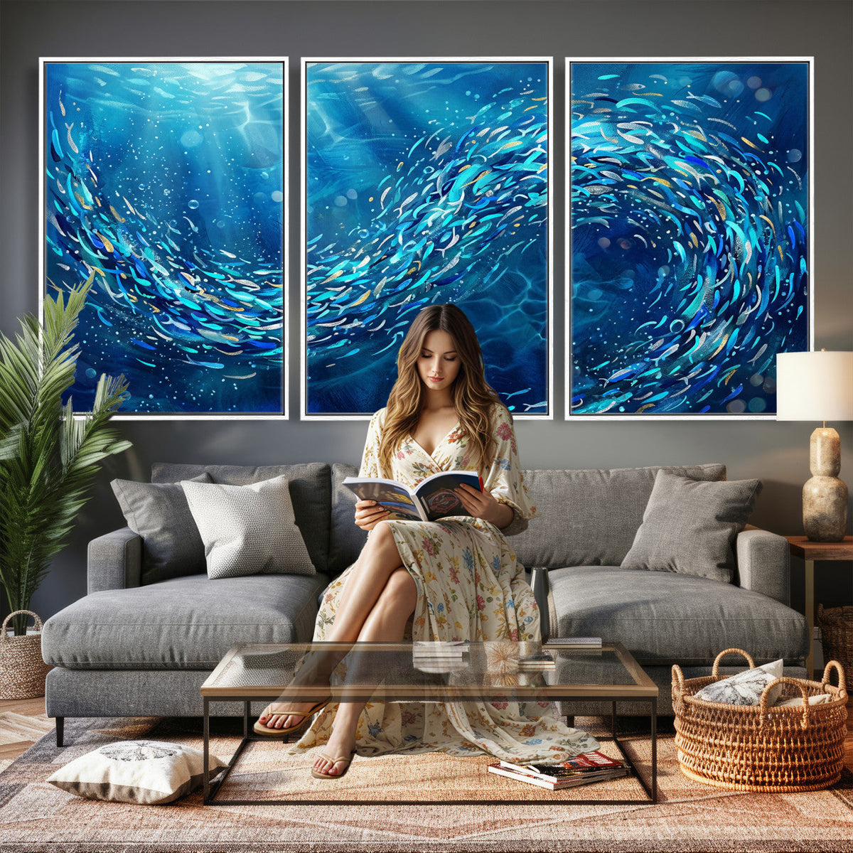 School of Fish Canvas Print | Blue Ocean Underwater Wall Art