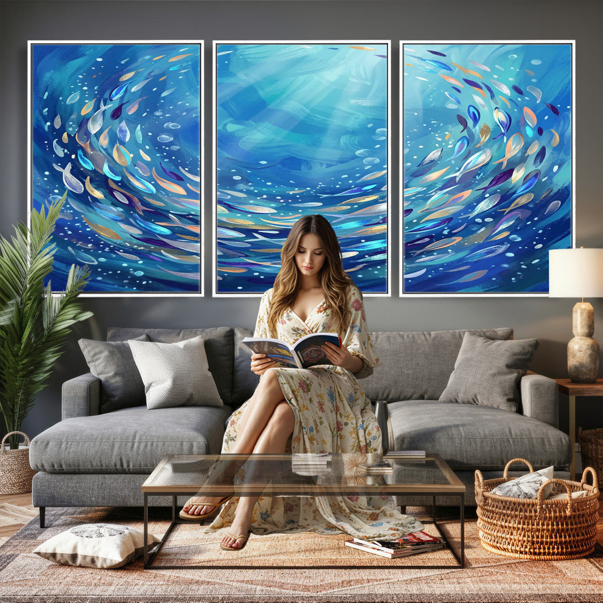 School of Fish Canvas Print | Blue Ocean Underwater Wall Art