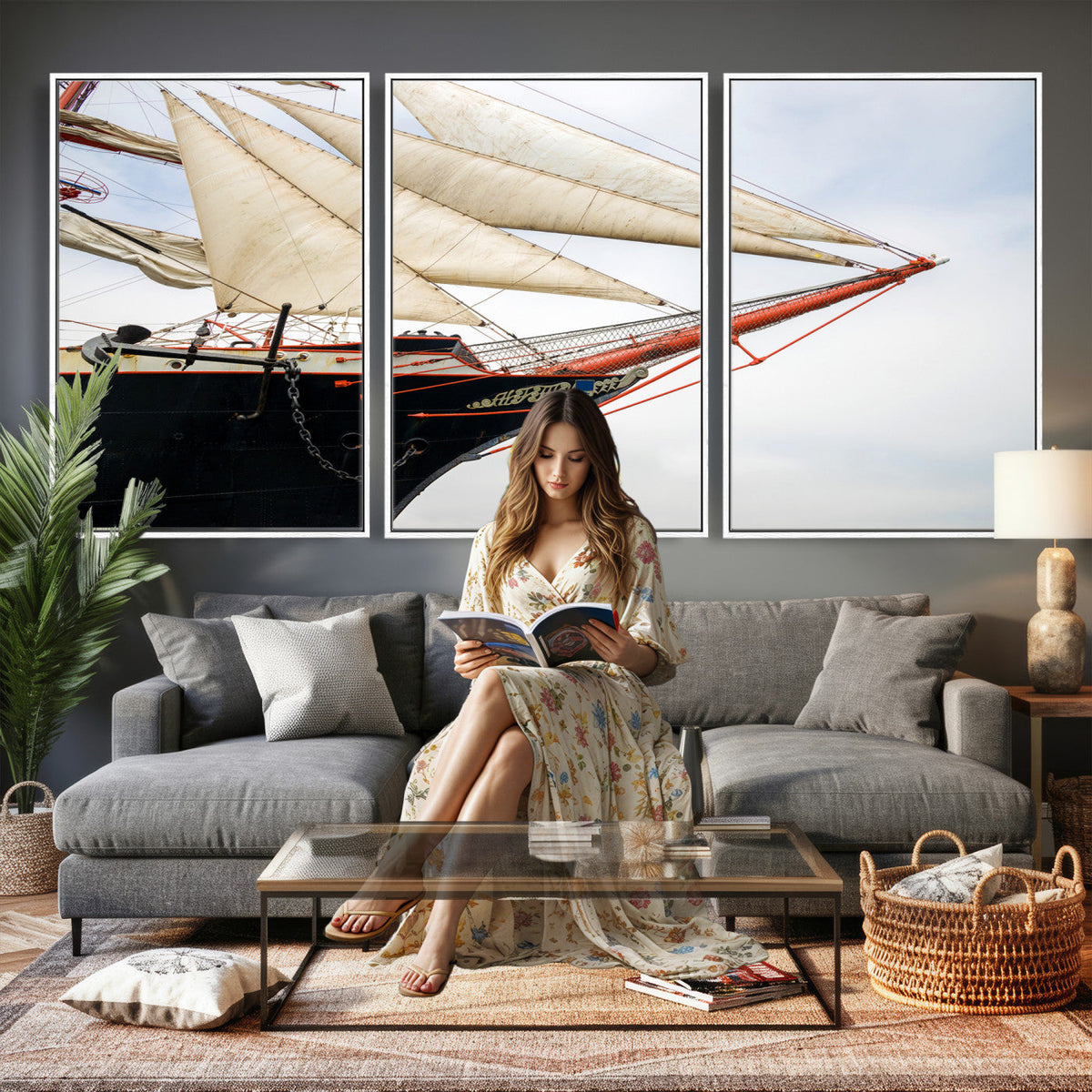 Sailboat Wall Art Canvas Print, Vintage Ship Bow Framed