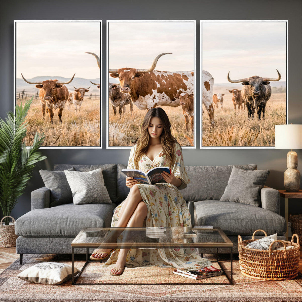 Texas Longhorn Canvas Wall Art, Rustic Farm Animal Photography Print, Farmhouse Country Decor, Western Ranch Art