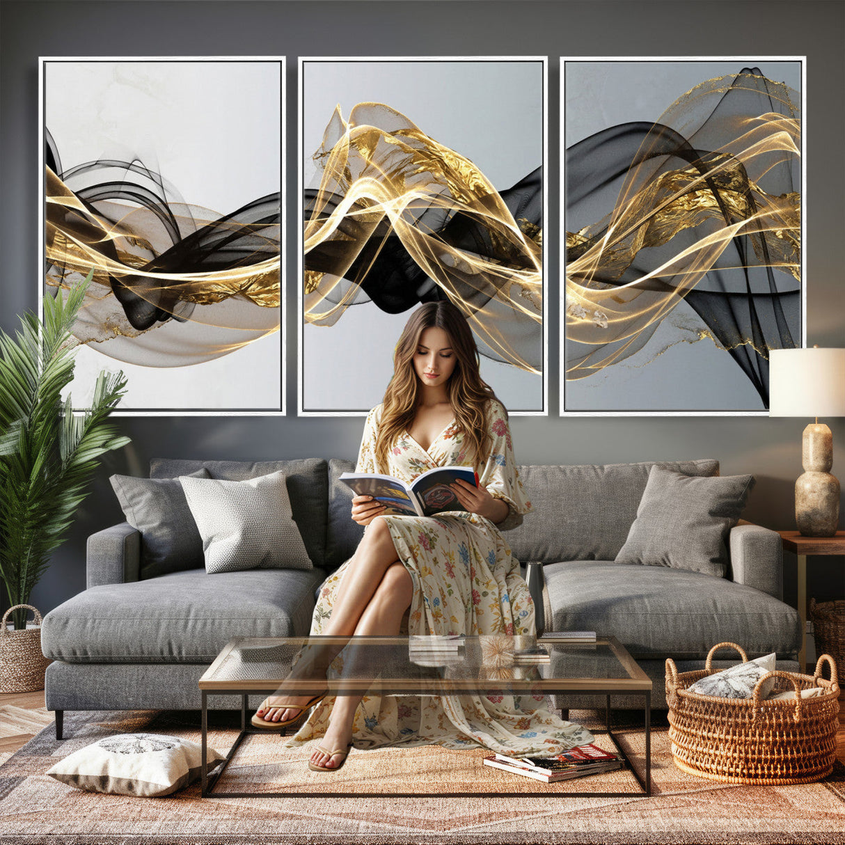 Black and Gold Abstract Wall Art, Modern Wave Canvas Print, Elegant Flowing Smoke Art, Luxury Living Room Decor