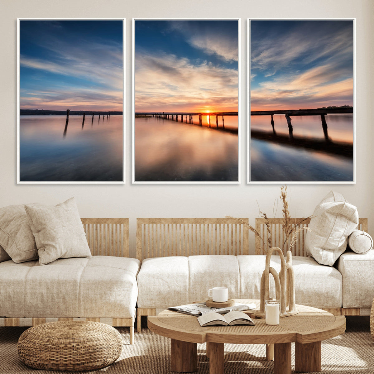 Wooden Pier on Seascape and Sunset Wall Art Canvas Print