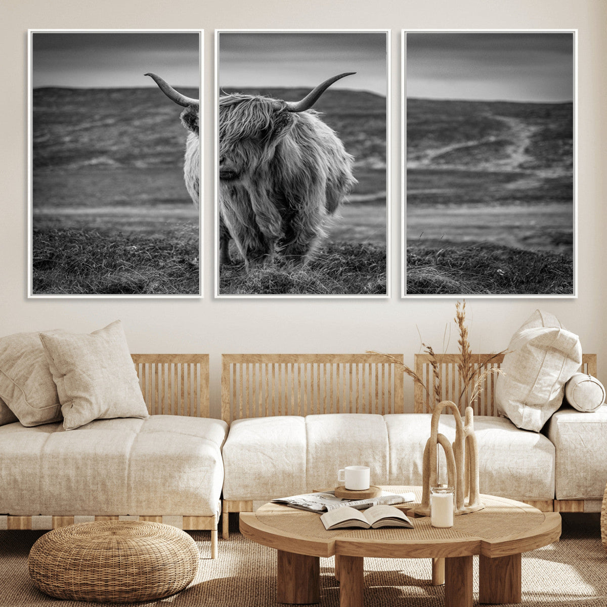 Fluffy Cattle Wall Art Print, Highland Cow Canvas, Framed