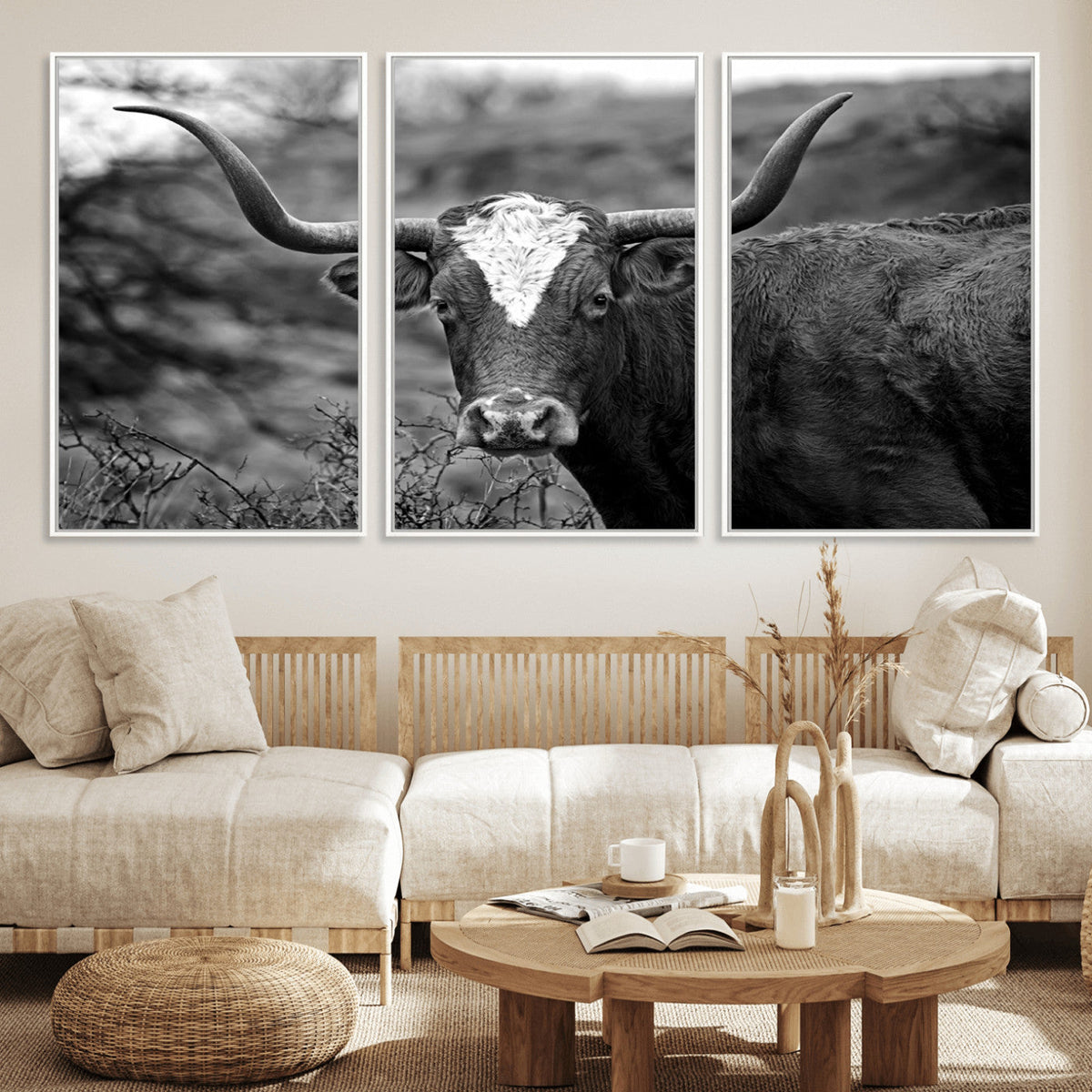 Western Home Wall Art Canvas Print, Framed Texas Longhorn