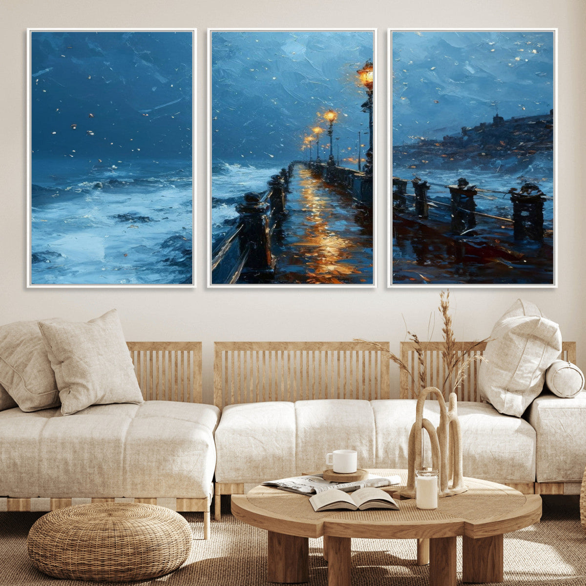 Stormy Night at Beach Pier Oil Painting Large Wall Art