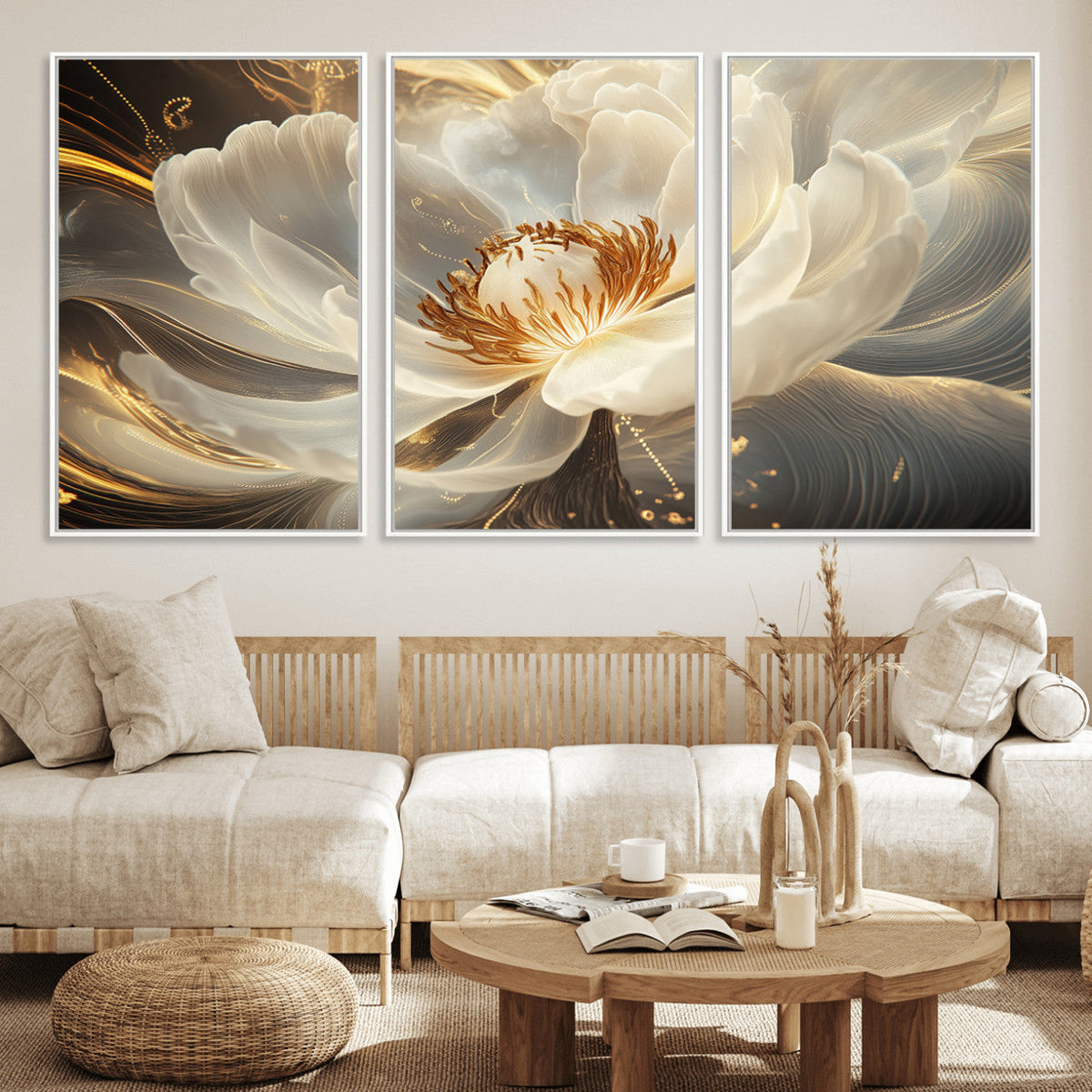 Gold Floral Wall Art Canvas Print, Framed Modern Flower Art