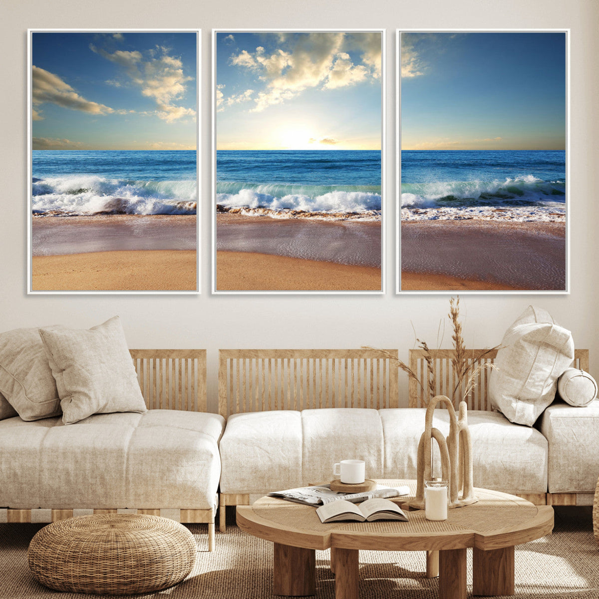 Serene Ocean Sunset Canvas Wall Art - Beach Waves at Sunset,