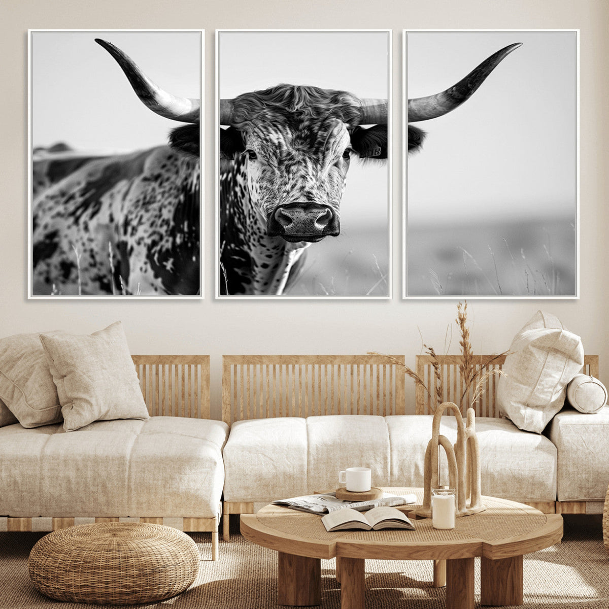 Texas Highland Cow Longhorn Canvas Print - Rustic Farmhouse