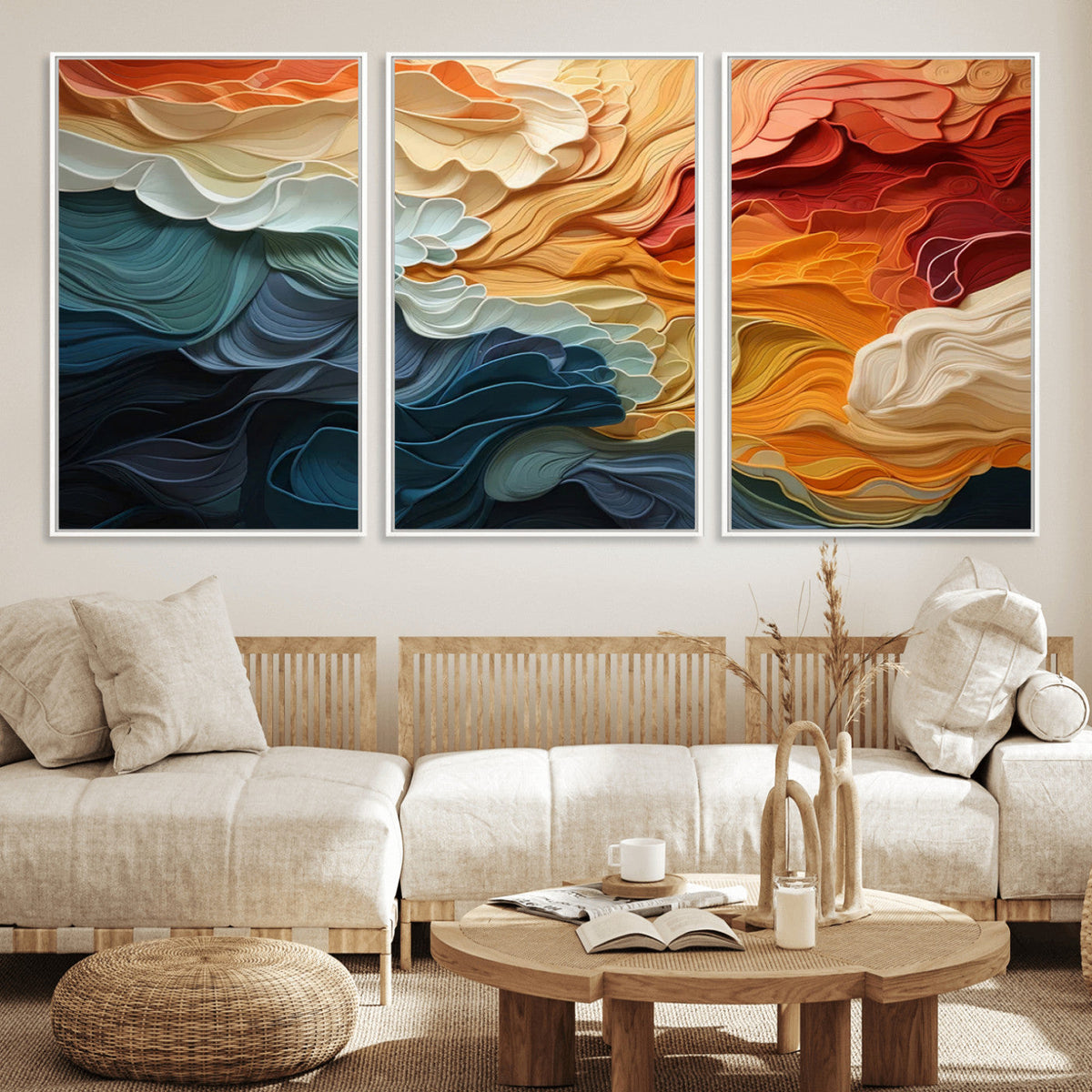 Blue Orange Abstract Wave Wall Art Canvas Print, Framed Blue