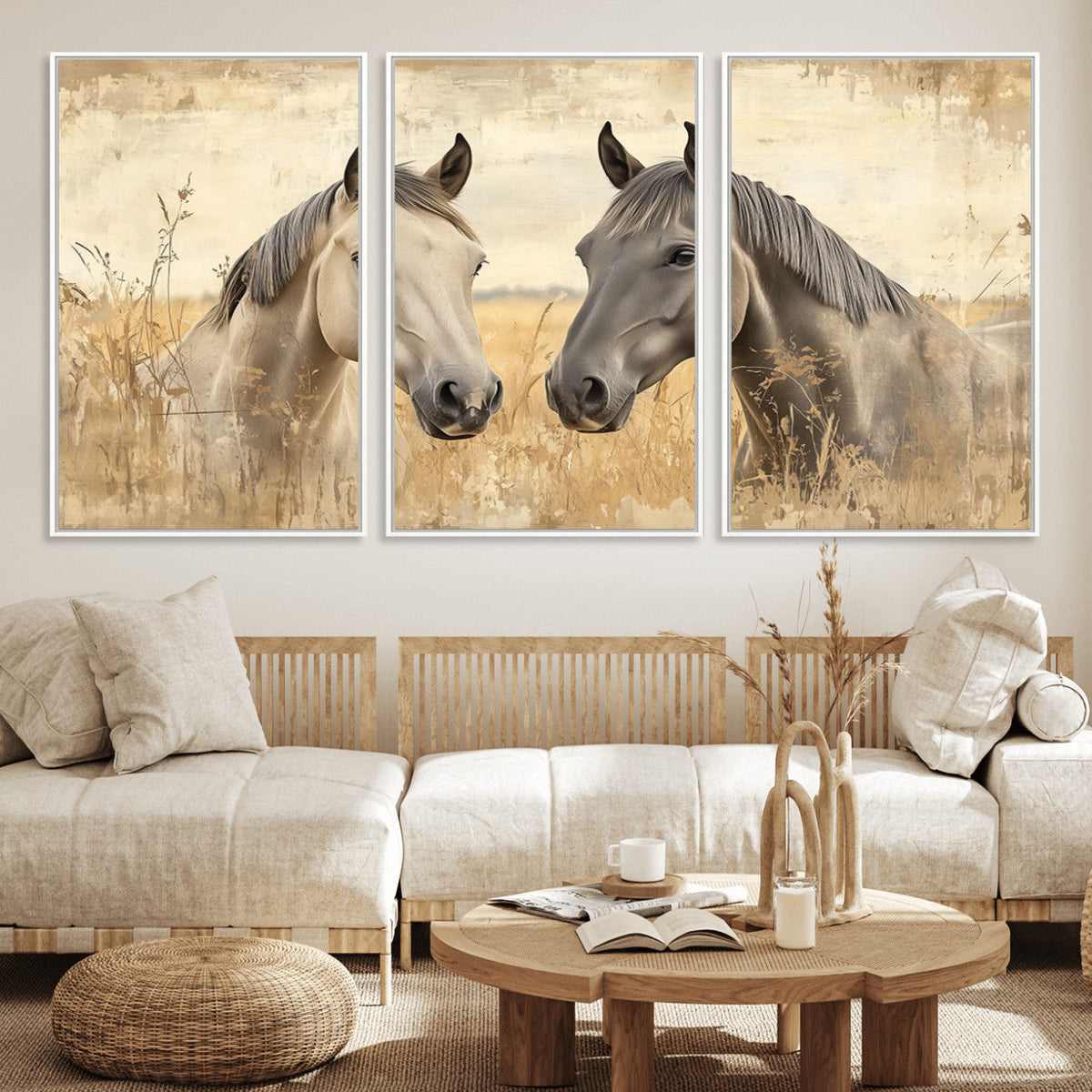 Chines Ink Style Grunge Horses Wall Art Canvas Print