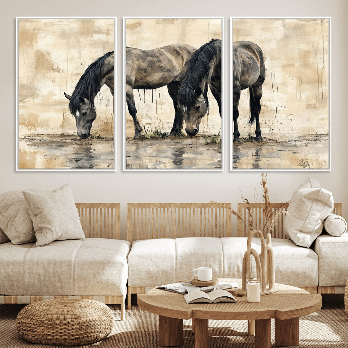 Chinese Style Abstract Black Horses Wall Art Canvas Print -