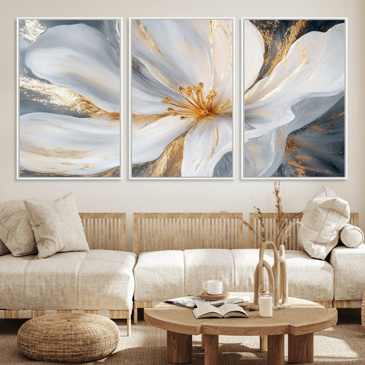 White and Gold Floral Canvas Wall Art - Framed and Ready to