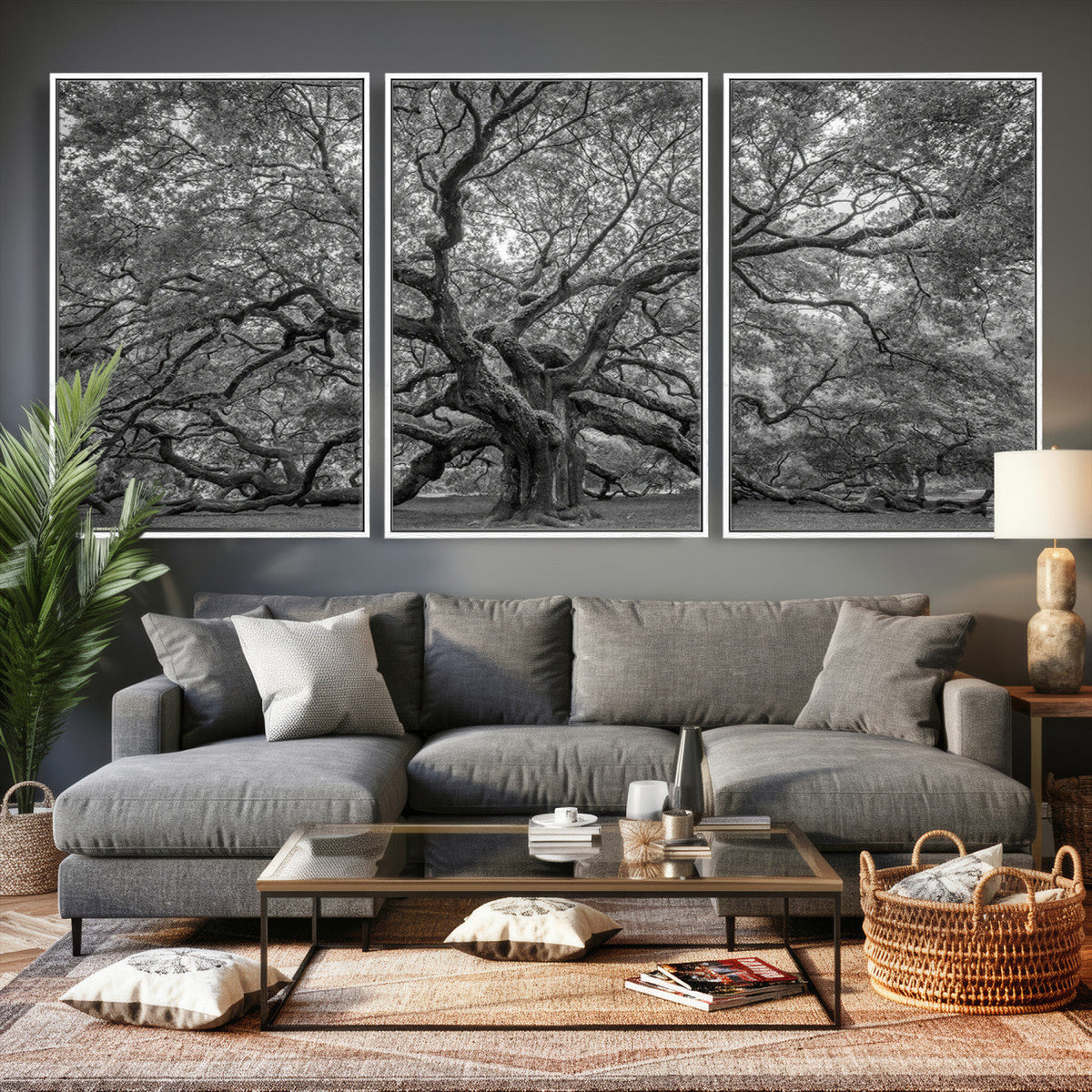 Majestic Angel Oak Tree Black and White Canvas Print – Multi