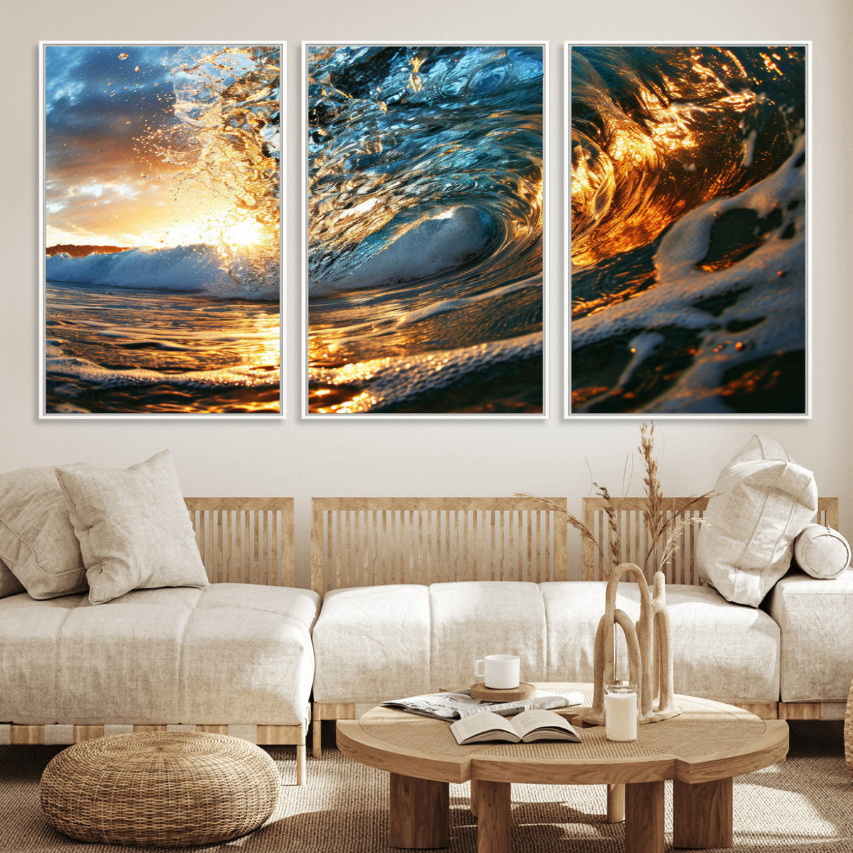 Ocean Wave at Sunset Canvas Wall Art – Vibrant Coastal Beach