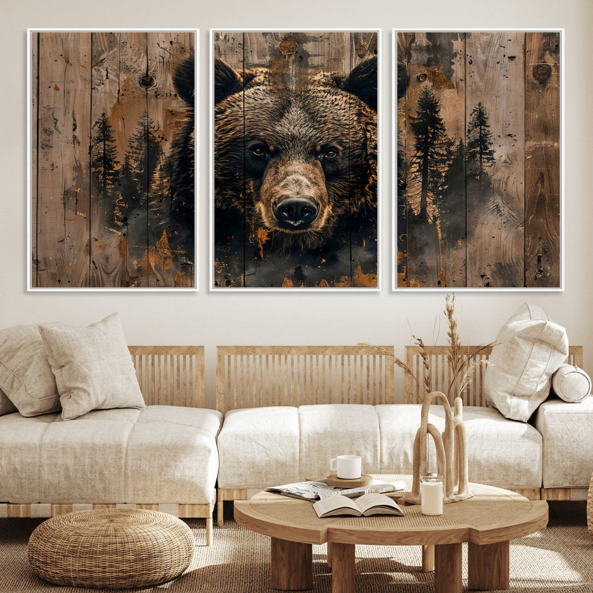 Rustic Grizzly 399 Wall Art | Triptych Canvas Print | Rustic