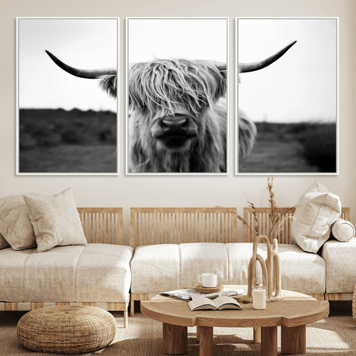 Highland Cow Wall Art | Black and White Farmhouse Decor |