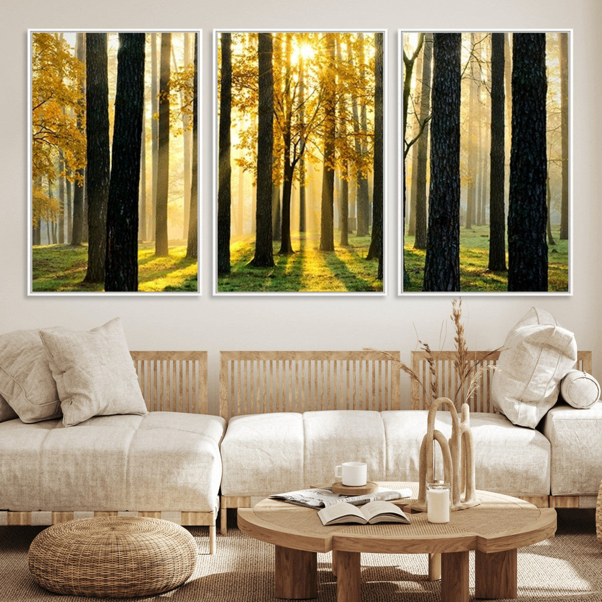 Sunlit Forest Wall Art Canvas Print – Large Framed Woodland