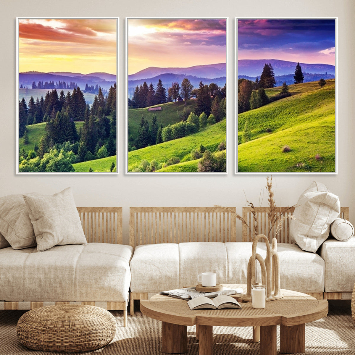 Green Hills and Sunset Wall Art Print - Scenic Landscape