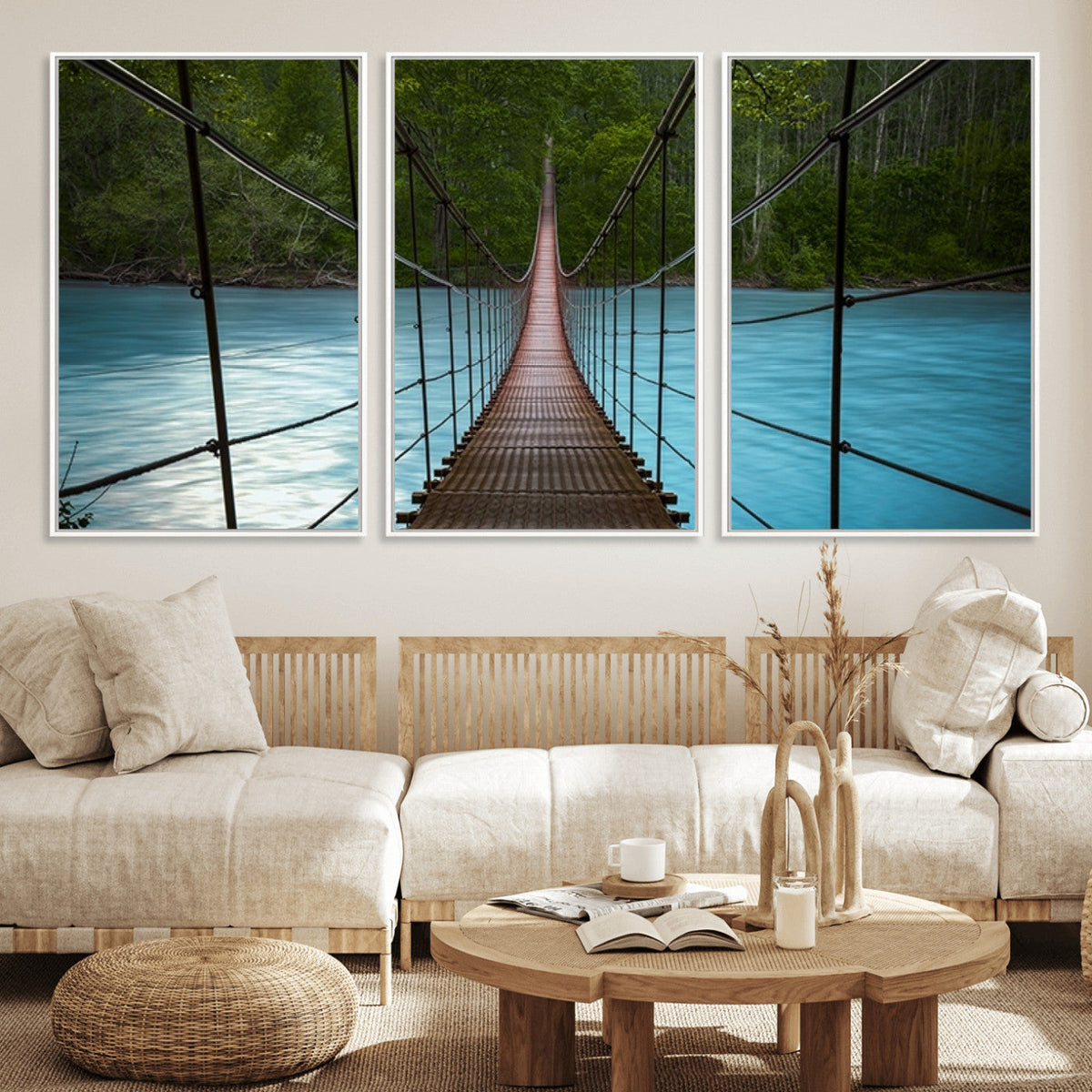 Suspension Bridge Over River Canvas Art | 3-Panel Nature