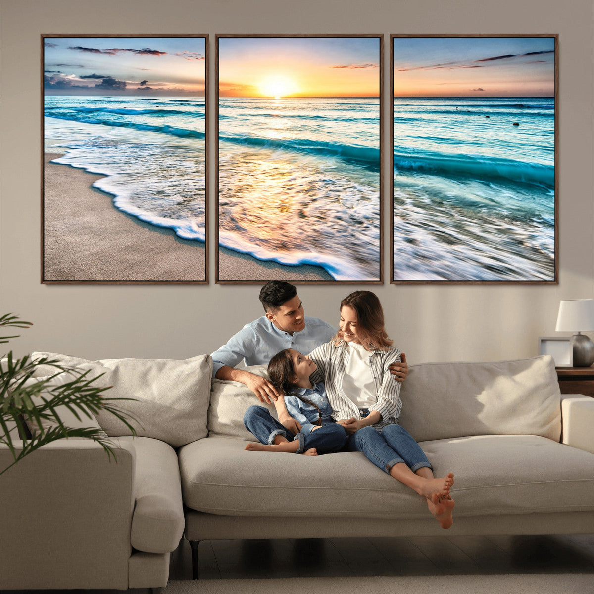 Sunset Beach Waves Canvas Wall Art – 5-Panel Ocean Sunset
