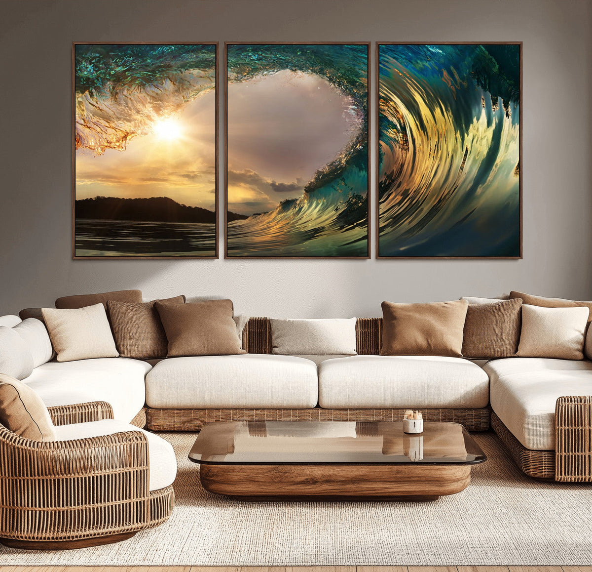 Golden Wave Sunset Canvas Print – Large Coastal Wall Art for