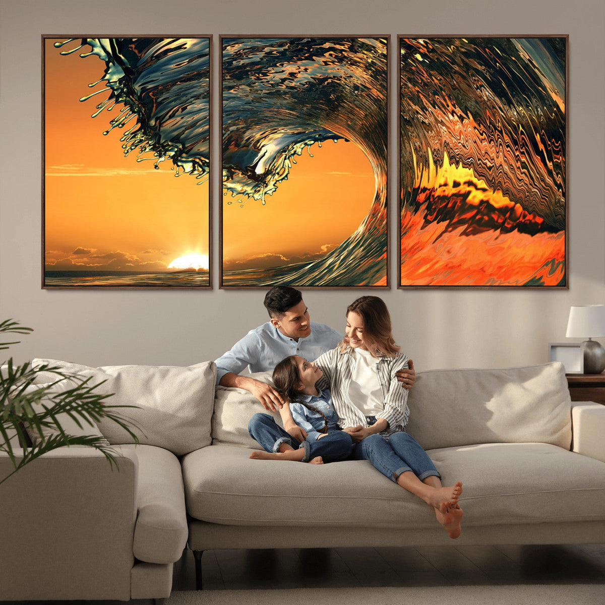Surf Wave Sunset Canvas Wall Art Print, 3-Panel Ocean