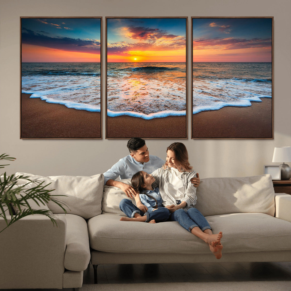 Sunset Beach Canvas Wall Art – Colorful Ocean Waves Triptych