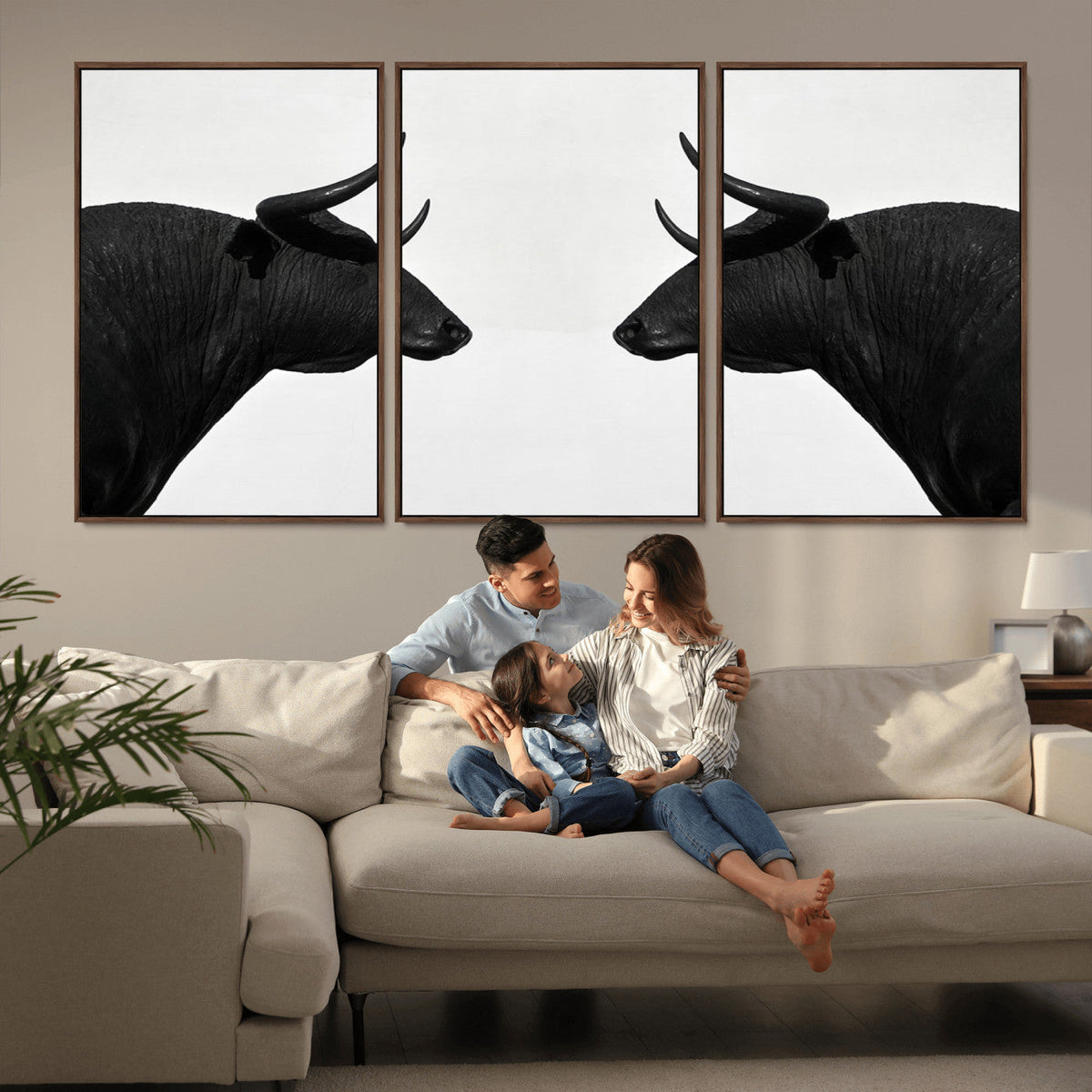 Spanish Bull Art - Framed Black and White Bull Canvas Print