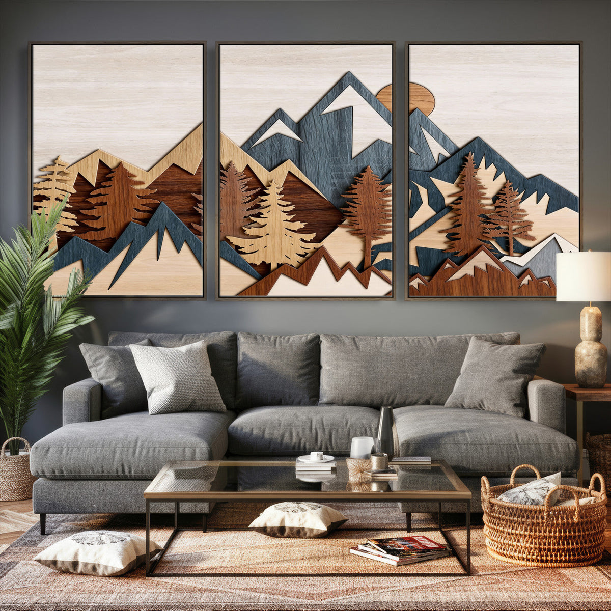 Rustic Abstract Wood Panel Effect Canvas Mountain Range Top