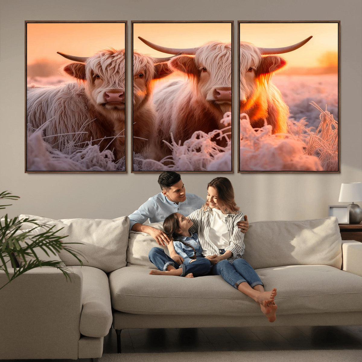 Highland Cows at Sunrise Wall Art Canvas Set – Serene and