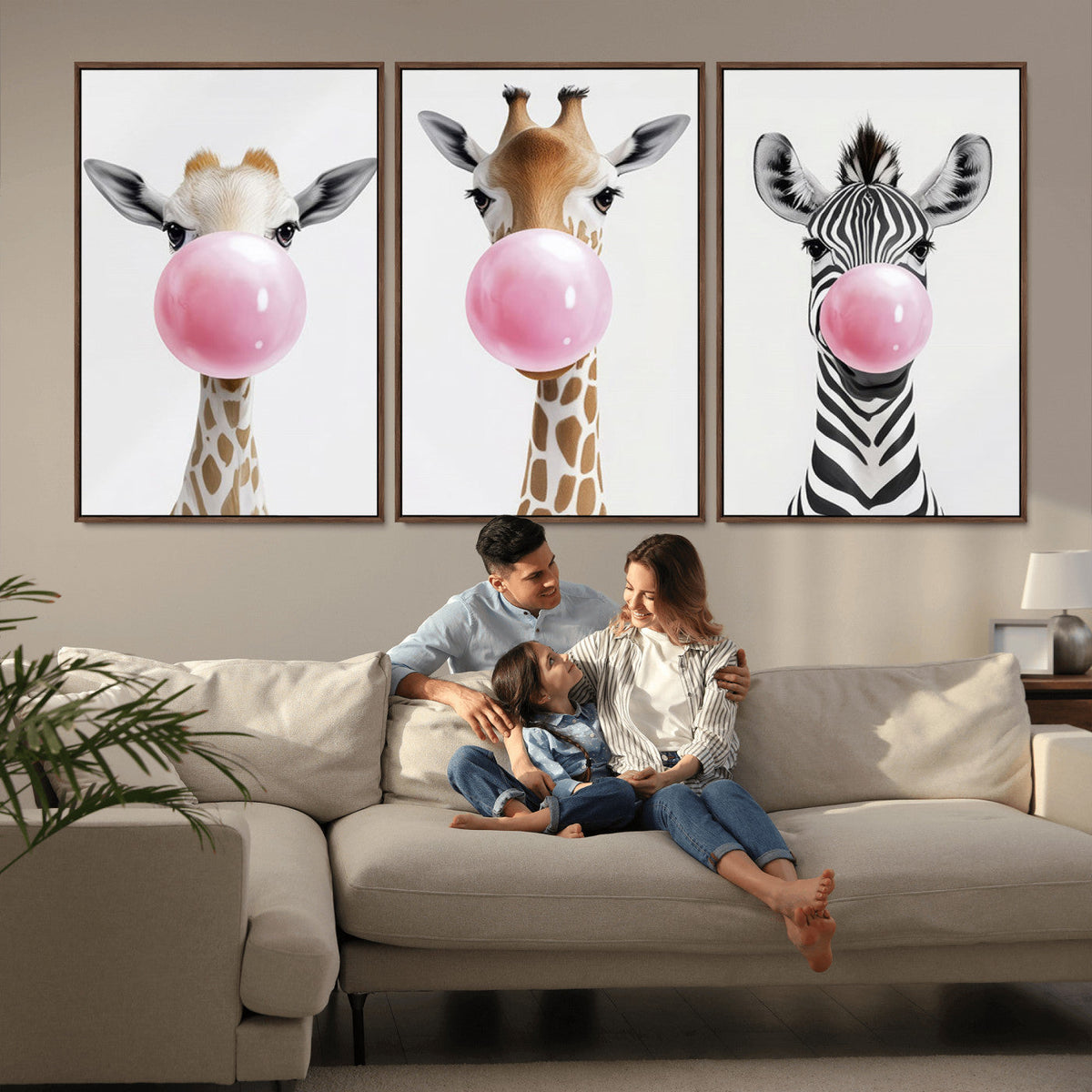 Bubblegum Animals Canvas Wall Art - Playful Giraffe and