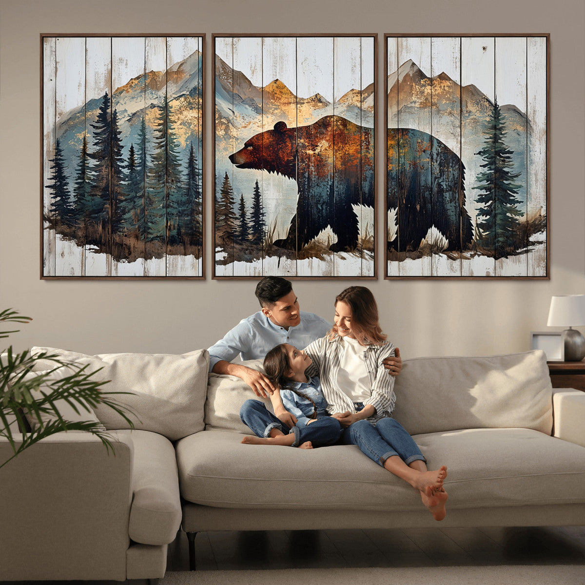 Rustic Grizzly 399 Bear and Mountain Wood Canvas Wall Art -