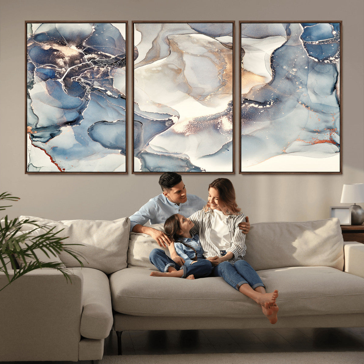 Abstract Blue and Gold Canvas Wall Art - Fluid Modern Ink
