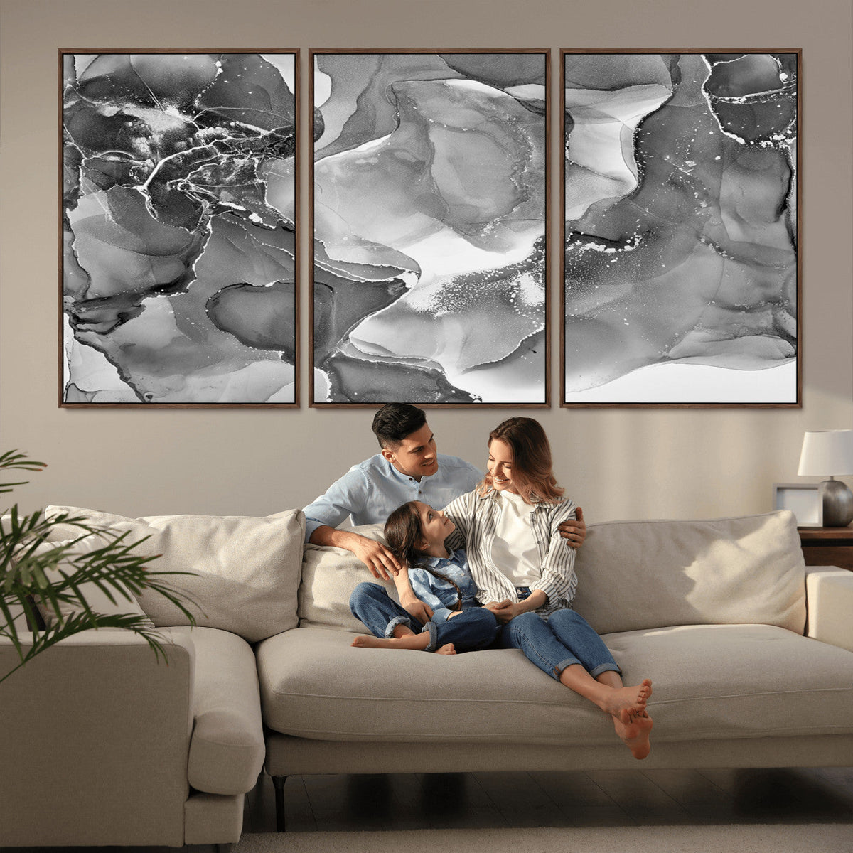 Black White Abstract Canvas Wall Art - Fluid Ink Artwork -