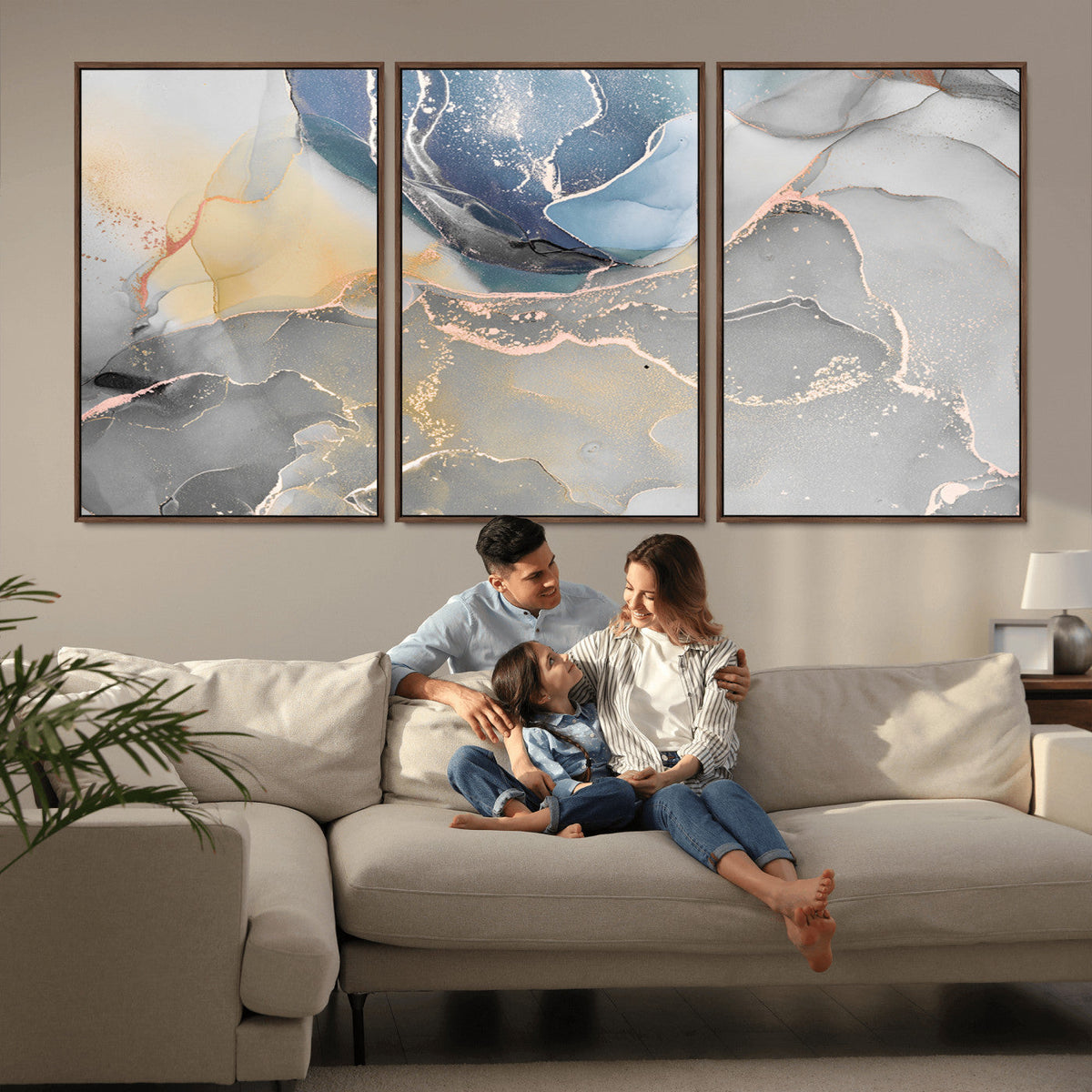Large Abstract Blue and Gold Canvas Wall Art | Fluid Ink
