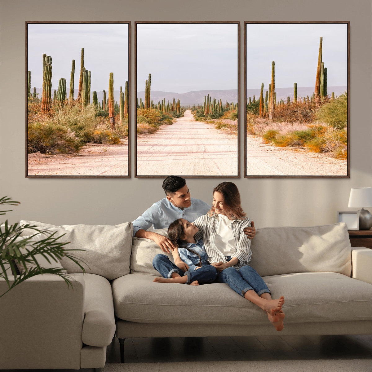 Desert Cactus Lined Road Wall Art Canvas Print – Framed