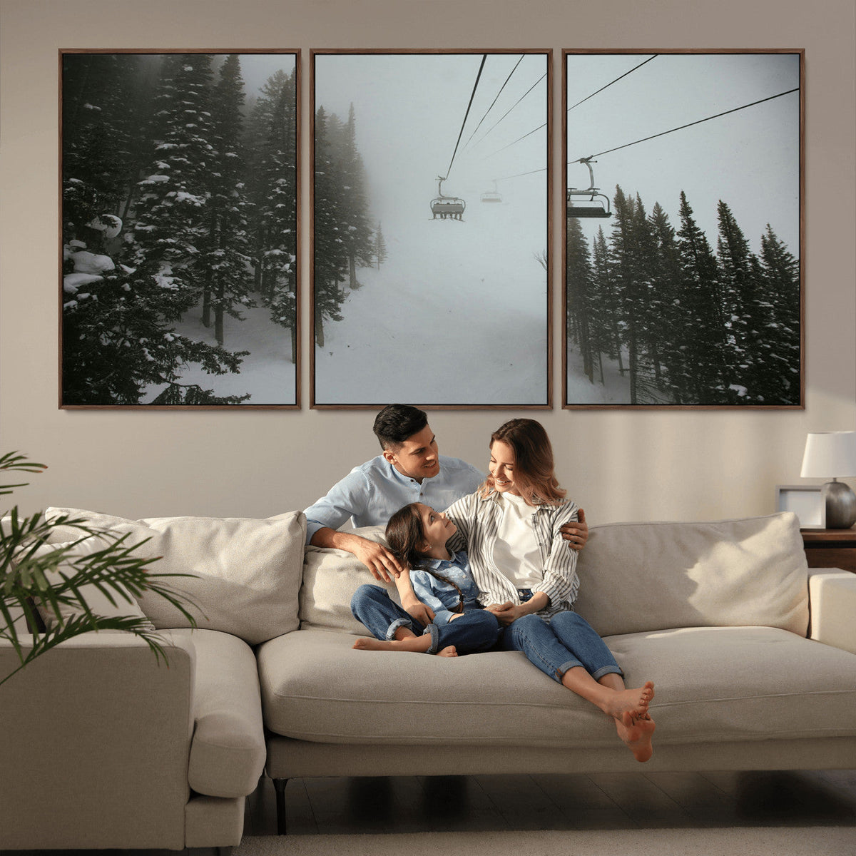 Ski Lift Wall Art Canvas Print – Snowy Pines Misty Landscape