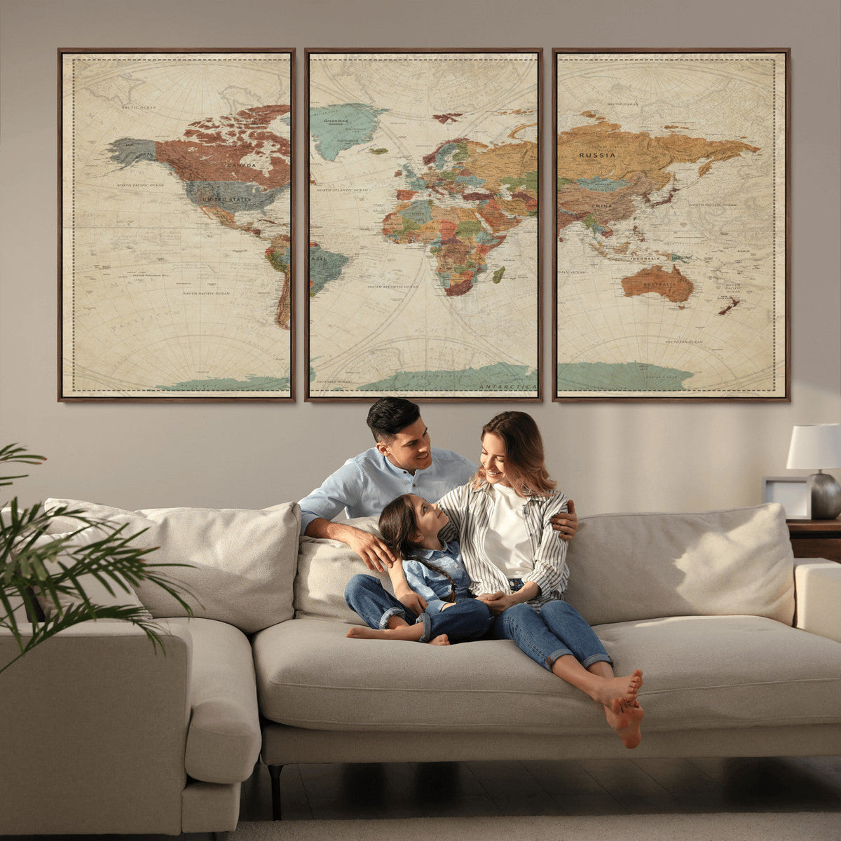 Vintage World Map Canvas Wall Art Print – Framed Modern