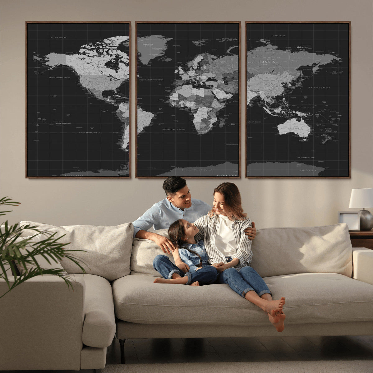 Black World Map Wall Art Canvas Print – Detailed Map of the