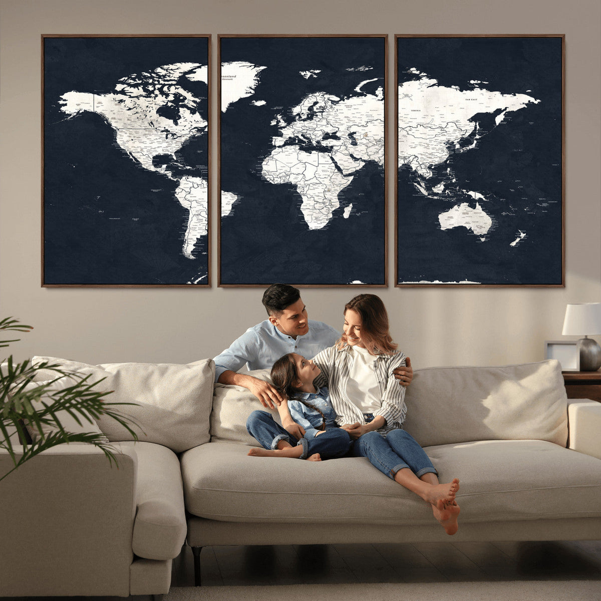 Black World Map Wall Art Canvas Print for Home Office and
