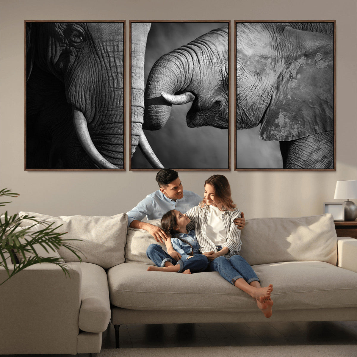 Elephant Family Wall Art Canvas, Framed Elephant Family