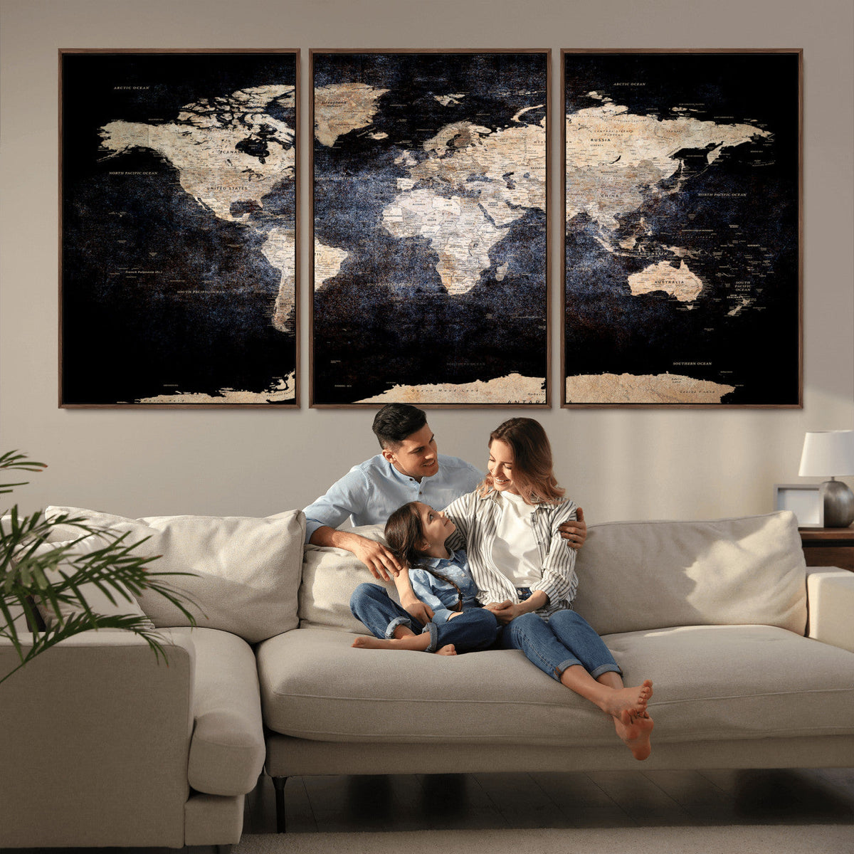 Grunge World Map Wall Art | 3-Panel Large Beige and Brown