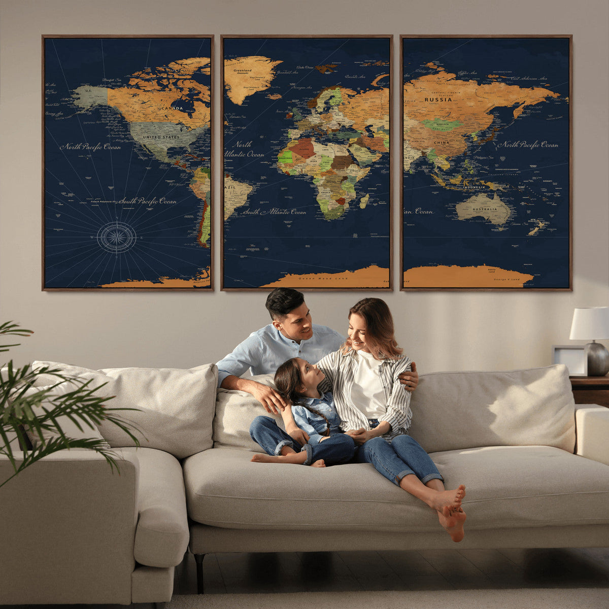 Modern World Map Canvas Print – Framed Detailed Map of the
