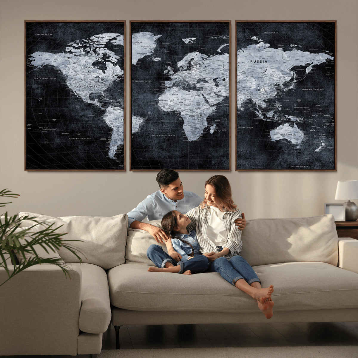 Black World Map Canvas Print – Detailed Map for Couples and