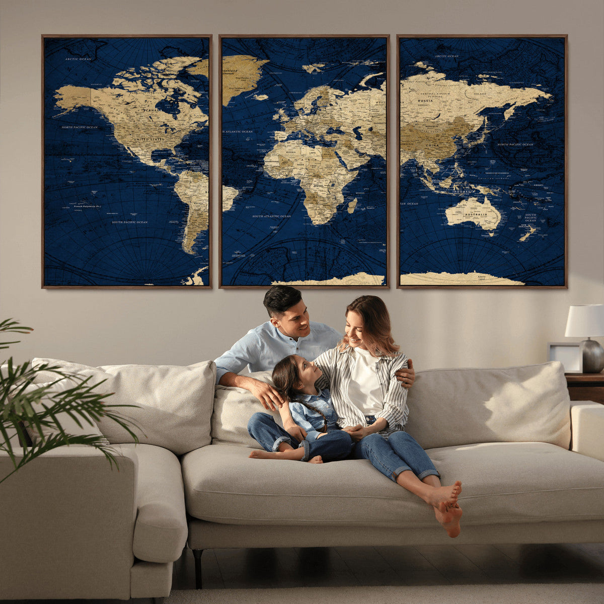 Navy Blue World Map Canvas Print – Detailed Map Minimal Navy