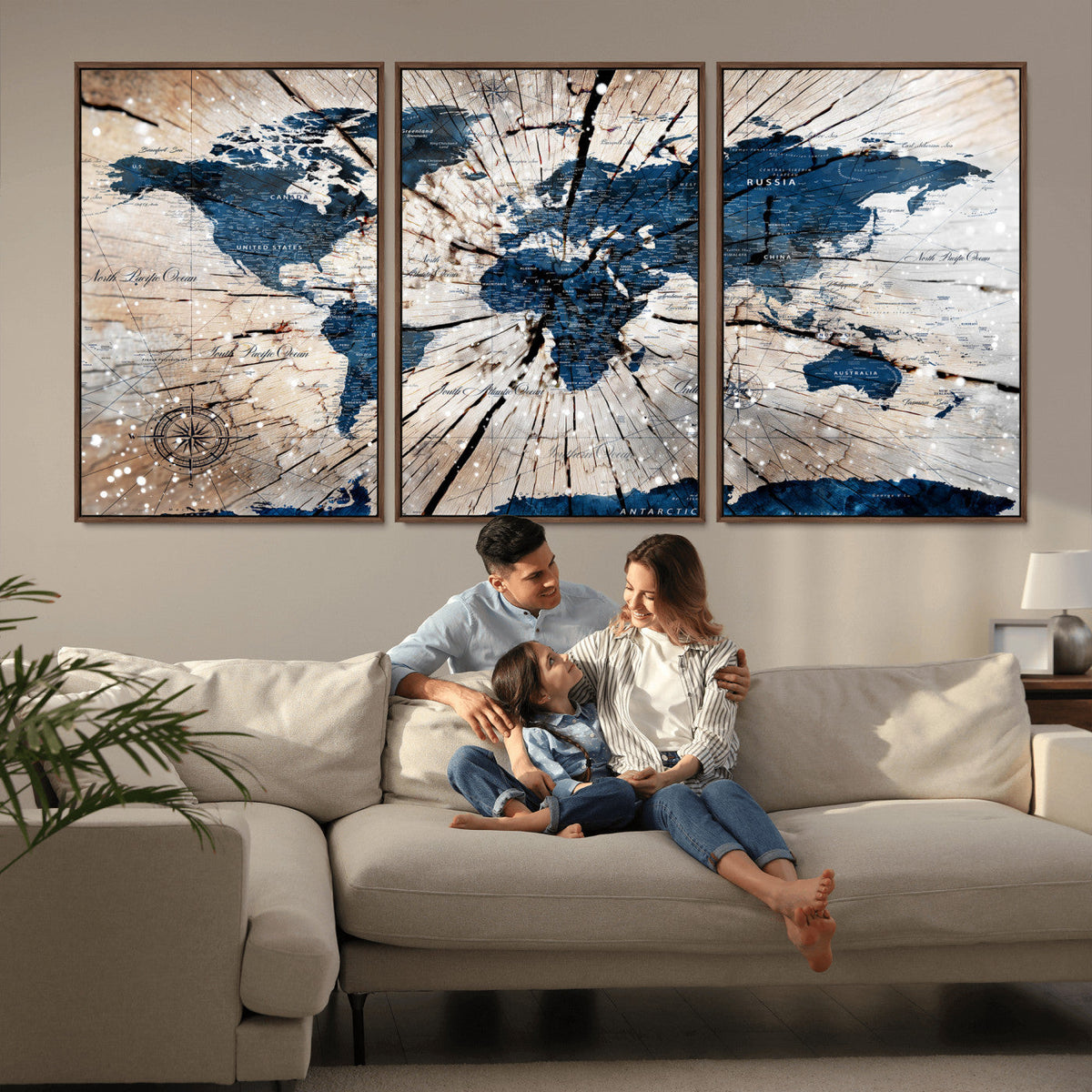 Rustic World Map Canvas Print – Framed Wall Art for Couples,